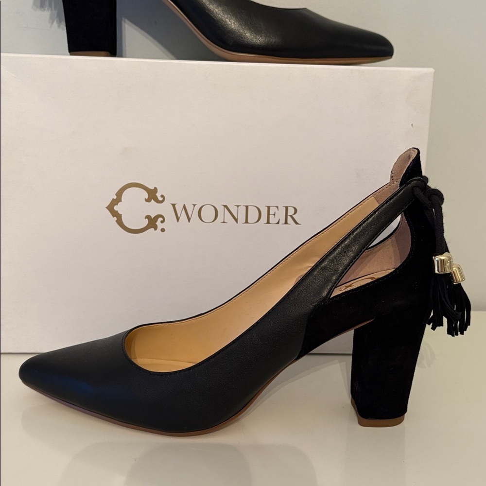 C Wonder Charlotte Leather & Suede Black Heel Pump Tassels Size 8.5 NIB - Picture 2 of 6
